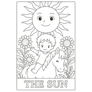 Black and white tarot coloring page of “The Sun” card, featuring a smiling sun above a joyful child riding a horse, surrounded by sunflowers and radiant beams. Symbolizes happiness, success, enlightenment, and positive energy. Ideal for printable spiritual coloring, tarot study, mindfulness practice, and metaphysical art therapy for adults and teens.