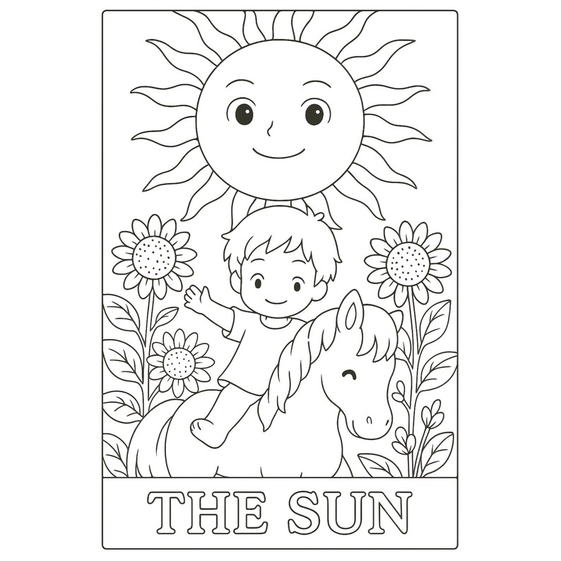 Black and white tarot coloring page of “The Sun” card, featuring a smiling sun above a joyful child riding a horse, surrounded by sunflowers and radiant beams. Symbolizes happiness, success, enlightenment, and positive energy. Ideal for printable spiritual coloring, tarot study, mindfulness practice, and metaphysical art therapy for adults and teens.