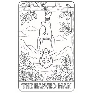 Black and white tarot coloring page of “The Hanged Man” card, depicting an upside-down figure hanging from a tree branch with a peaceful expression, surrounded by leaves and nature. Detailed line art for printable spiritual coloring, mindfulness practice, meditation, and tarot symbolism study. Ideal for adult metaphysical art therapy and boho-style self-care activities.