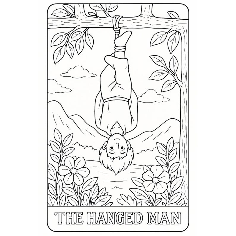 Black and white tarot coloring page of “The Hanged Man” card, depicting an upside-down figure hanging from a tree branch with a peaceful expression, surrounded by leaves and nature. Detailed line art for printable spiritual coloring, mindfulness practice, meditation, and tarot symbolism study. Ideal for adult metaphysical art therapy and boho-style self-care activities.