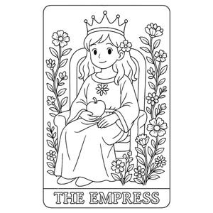 Black and white tarot coloring page of “The Empress” card, featuring a crowned woman seated on a throne surrounded by lush plants and flowers, holding a heart-shaped symbol. Represents femininity, fertility, abundance, and nurturing energy. Perfect for printable spiritual coloring, tarot symbolism exploration, mindfulness art therapy, and metaphysical self-care for adults and teens.