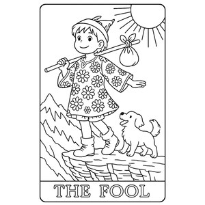 Black and white tarot coloring page of “The Fool” card, featuring a joyful traveler standing at the edge of a cliff with a small dog, holding a flower and pack over his shoulder under the shining sun. Symbolizes new beginnings, spontaneity, and adventure. Perfect for printable spiritual coloring, tarot card study, mindfulness practice, and metaphysical art therapy for adults and teens.