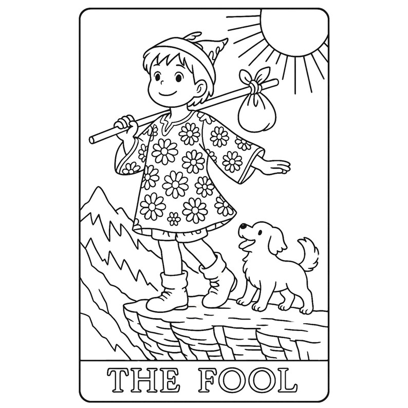 Black and white tarot coloring page of “The Fool” card, featuring a joyful traveler standing at the edge of a cliff with a small dog, holding a flower and pack over his shoulder under the shining sun. Symbolizes new beginnings, spontaneity, and adventure. Perfect for printable spiritual coloring, tarot card study, mindfulness practice, and metaphysical art therapy for adults and teens.