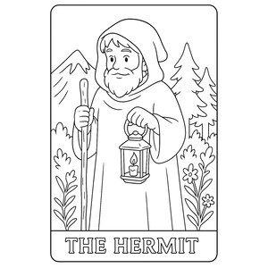 Black and white tarot coloring page featuring “The Hermit” card design, illustrated with a robed figure holding a lantern and staff, standing in a forest with mountain background. Detailed line art for adult coloring, spiritual reflection, and mindfulness. Ideal for printable tarot deck coloring books, meditation tools, self-care activities, and metaphysical art therapy.