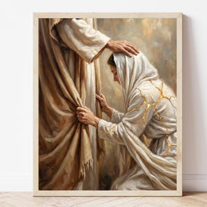 May include: A framed print showing a religious scene. A figure in white robes places a hand on the head of a kneeling person. The kneeling person wears a white head covering and robe with gold accents. The background has a soft, warm colour.