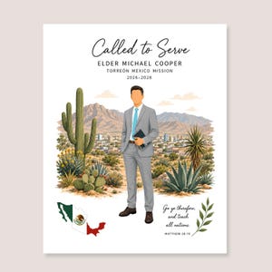 May include: A digital illustration featuring a person in a gray suit and light blue tie holding a book. Text reads Called to Serve, ELDER MICHAEL COOPER, TORREÓN MEXICO MISSION, 2026-2028, and Go ye therefore, and teach all nations. MATTHEW 28:19.