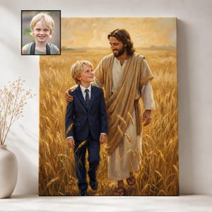 Custom Portrait of Boy and Jesus, Personalized LDS Baptism Gift, Communion or Confirmation Gift Son, Painting from Photo Canvas Print
