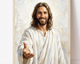 Puede incluir: Una pintura al óleo en un marco de madera clara que representa a una persona sonriente con cabello largo castaño y barba, vistiendo una túnica blanca. La figura se muestra desde el pecho, extendiendo una mano sobre un fondo texturizado crema.
