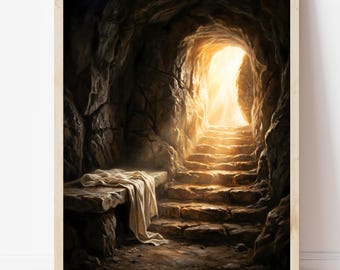 Lámina artística "Él ha resucitado" para Pascua, pintura de la tumba vacía, decoración mural cristiana SUD, escena de la resurrección, obra de arte religiosa moderna (descarga digital).