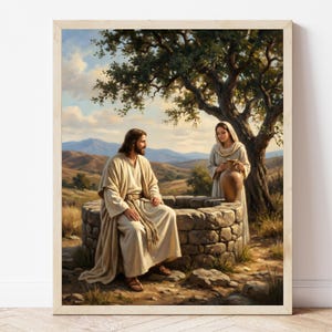 Puede incluir: Una impresión enmarcada representa una escena bíblica con dos figuras cerca de un pozo de piedra bajo un gran árbol. Una figura está sentada, vestida con una túnica color crema, mientras que la otra está de pie sosteniendo una jarra marrón. El fondo presenta colinas y un cielo azul.