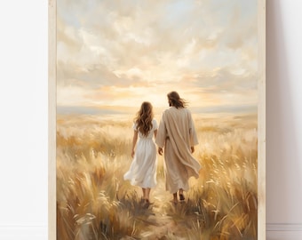 Jesus Walking with Woman, LDS YW Young Woman, Christianity Wall Art Printable, Boho Christian Oil Painting (Digital Download)