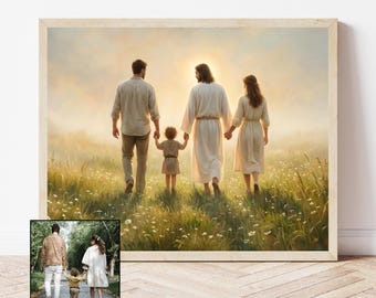 Regalo cristiano personalizado para la familia, regalo a medida para mamá, retrato familiar "Caminando con Jesús", decoración religiosa para el hogar (descarga digital).