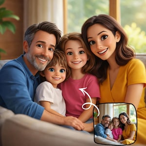 Può includere: Ritratto di famiglia illustrato digitalmente con un padre, una madre e due bambini sorridenti. La famiglia è seduta su un divano, con i bambini al centro. La madre indossa un vestito giallo e i bambini camicie rosa e bianche.
