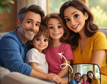 Retrato de dibujos animados en 3D personalizado inspirado en Pixar a partir de una foto. Regalo de arte digital para pareja, familia y mascota.