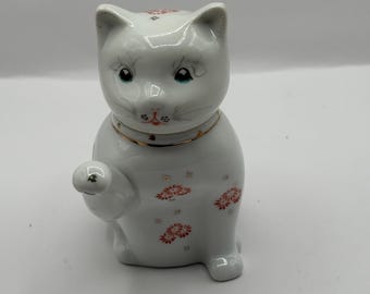 ヴィンテージ コテージコア グランド ミレニアル ティーポット。猫好きへのギフト、猫コレクター向け。高さ5インチ×幅5.5インチ。