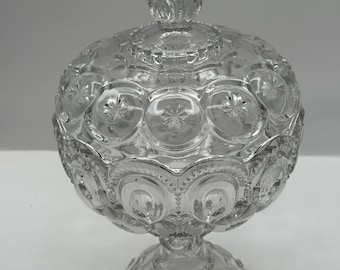 Vintage L.E. Smith Moon and Stars Pressed Glass Compote with Lid