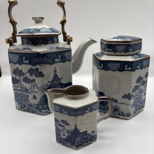 Vintage Japanese Arita Tea Set Hexagonal Teapot Tea Caddy and Creamer  Blue and White. Tea Pot is 7.5” H