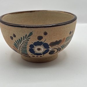 May include: A small, beige ceramic bowl with a dark brown rim and base. The bowl is decorated with hand-painted floral designs in blue, green, and brown. The bowl has a slightly textured surface and a round shape.
