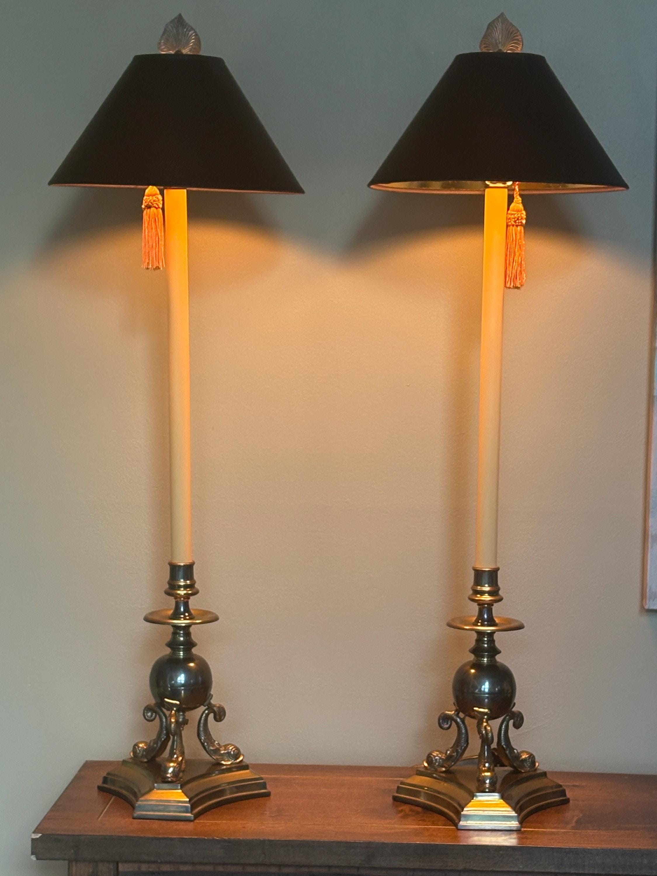 Vintage Chapman Brass Dolphin Table Lamps, Black Conical Shade, Set of ...