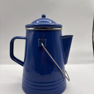 Vintage Blue Speckled Enamelware Camping Coffee Pot With Wire Handles 9.5” H x 8.5” W