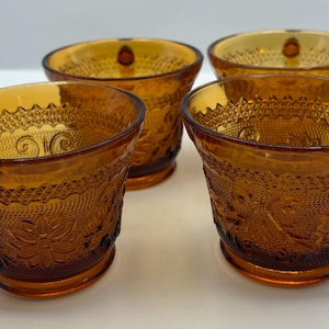 VTG Indiana glass tiara sandwich pattern amber tea cups set of (4)