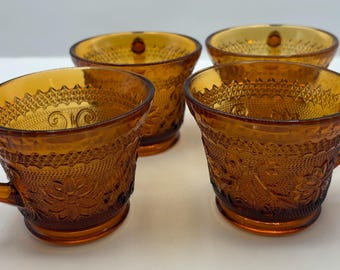 VTG Indiana glass tiara sandwich pattern amber tea cups set of (4)