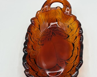 Plat à relish en verre Tiara vintage : bonbonnière ambrée poire sucrée