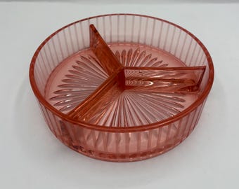 Bol de service divisé en verre à dépression rose vintage, design nervuré