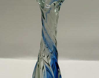 Vintage Art Glass Bud Vase: Twisted Clear Glass with Blue Swirls