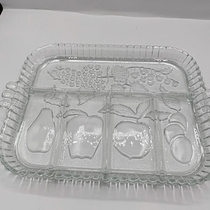 Vintage pressed glass serving tray beautiful condition  featuring a fruit design (2) available 12”L x 9” W great for your next party !!