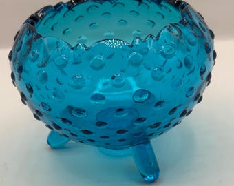 Bol vintage en verre clouté bleu : bonbonnière sur pied, fourre-tout à bijoux