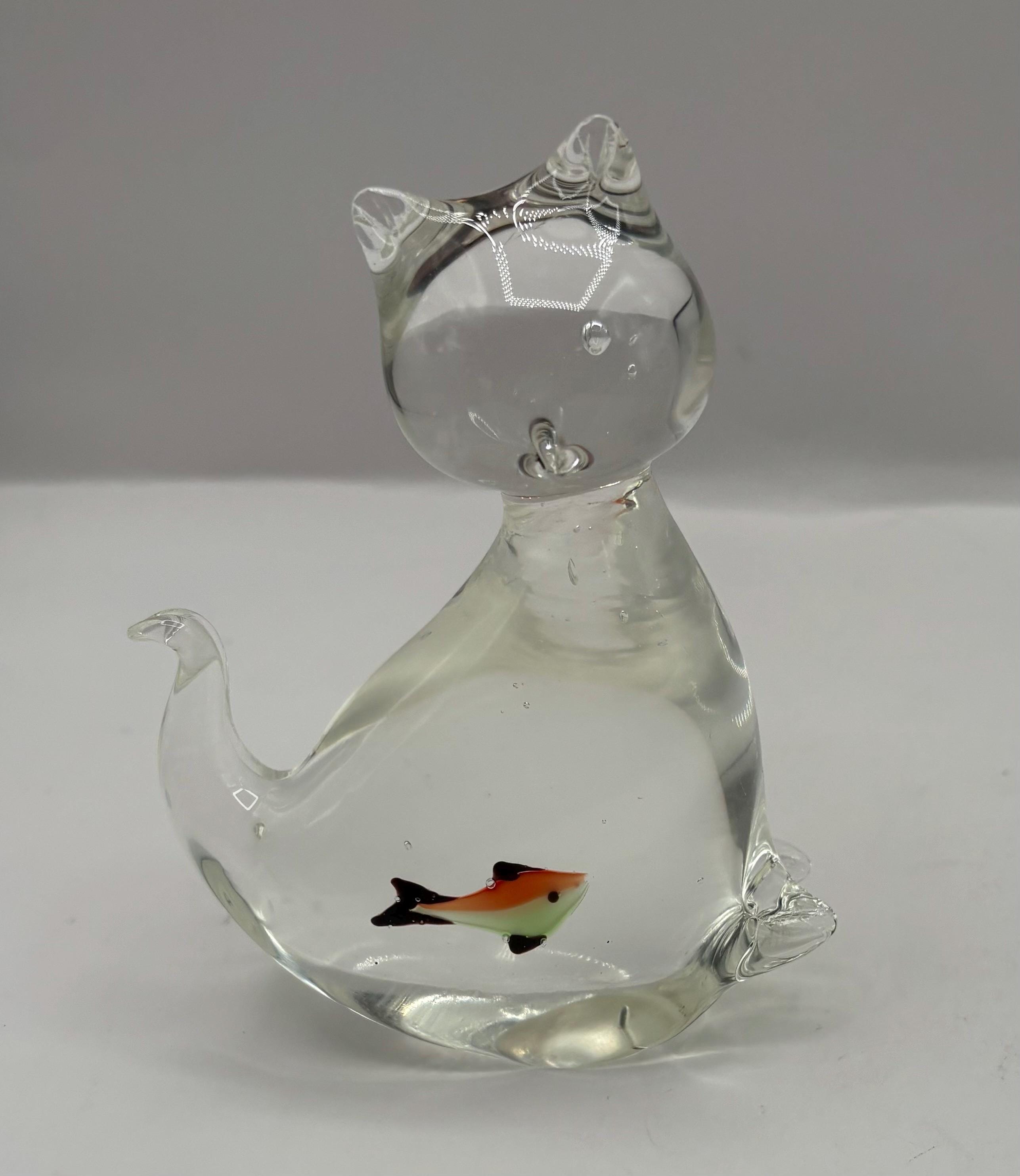 Vintage Murono Style Art Glass Clear Glass Cat Figurine With a
