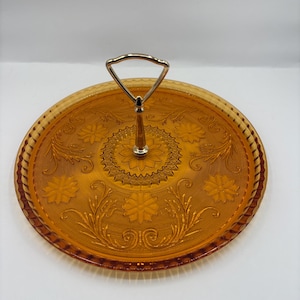 Vintage  1970 Tiara Glass Amber Sandwich or Treats Serving Tray with Center Handle  10” W