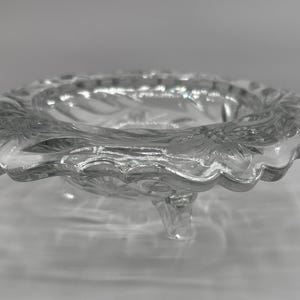 Vintage pressed glass footed bowl etched cut floral with wide rim 7” W