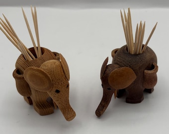 Vintage Wooden Elephant Toothpick Holders, Set of 2, Bar Decor