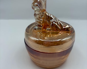 vintage Boîte à bijoux en verre Marigold Carnival : couvercle pour chien, verre Jeannette, 6,5 pouces H