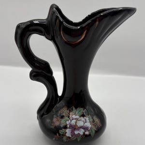 Vintage Asian Zing ceramic black and gold peacock pitcher  5.5” H