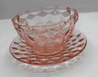Bol vintage en verre à dépression rose avec sous-plaque, design cube
