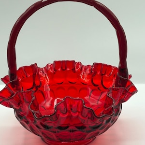 Vintage Fenton Ruby Red Glass Basket: Thumbprint Design, Ruffled Edge, 8&quot;H x 8&quot;D