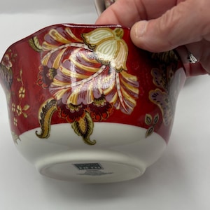 May include: A small, decorative bowl with a red exterior featuring a floral pattern in shades of gold, purple, and yellow. The bottom half of the bowl is white. The bowl is held by a hand.