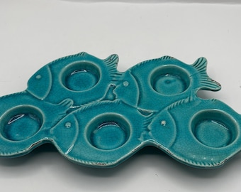 Vintage MCM oyster serving platter in a unique fish shape and blue in color 12” L x 6” W