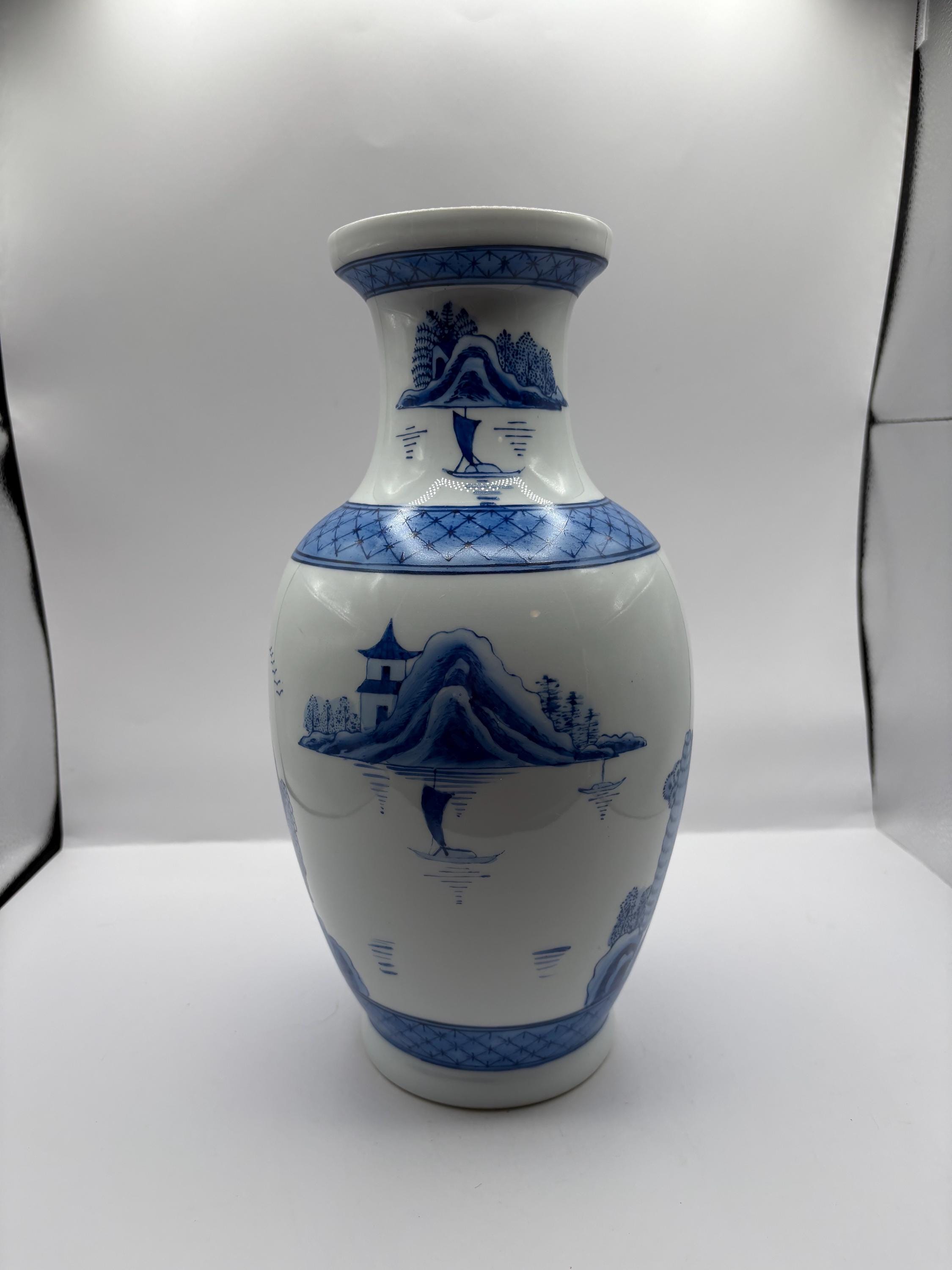 ヴィンテージ オールドカントン 大型手描き花瓶 中国風景画 高さ12