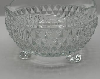 VTG Indiana glass diamond point pattern footed glass bowl  3” Hx 5” D