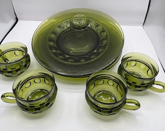 Juego de servir de cristal vintage de Indiana color verde aguacate, con huella dactilar de King Crown, estilo MCM de 8 piezas.