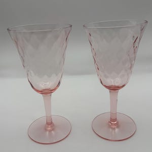 Vintage Pink depression stemmed glasses in optic design set of 2 7” H x 3.5” W