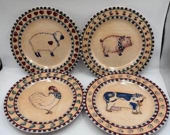 Vintage Market center Folk Art dessert plates set of (4)  8” W featuring a cow pig sheep rooster