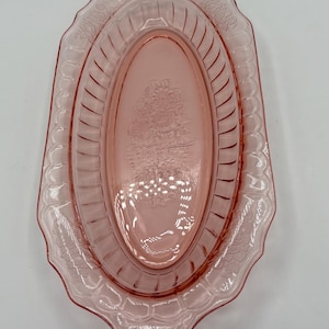 Vintage pink depression glass serving bowl featuring the Mayfair open rose design . serving bowl bread bowl vegetable bowl12” L x 6” W