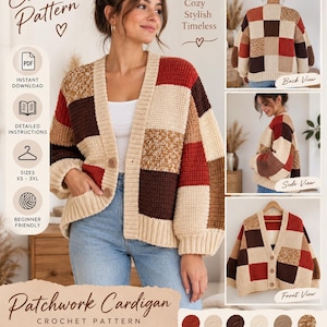 Könnte beinhalten: Eine Häkelanleitung für eine Patchwork-Strickjacke mit einem Farbblock-Design in den Farben Redwood, Beige, Braun, Ecru und Mokka. Die Anleitung enthält detaillierte Anweisungen, Größen XS-3XL und ist als sofortiger PDF-Download erhältlich.