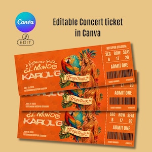 Op de afbeelding: Oranje concertkaartjes met de tekst "Editable Concert ticket in Canva". Elk kaartje toont een kleurrijke papegaai, een vrouw in een gouden jurk en de tekst "Viajando Por El Mundo Karol G". De kaartjes zijn voor 25 juli 2026 in het Tottenham Hotspur Stadium.
