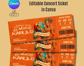 Plantilla de boleto para concierto de Karol G Tropitour / Pase de gira editable Viajando Por El Mundo / Diseño de recuerdo para fans imprimible / Descarga digital PNG
